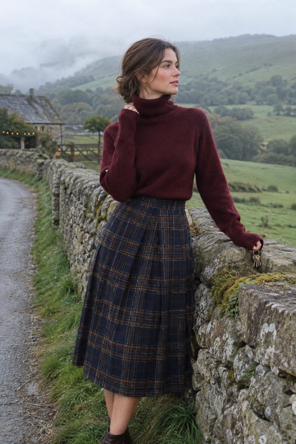 countryside wedding guest outfit: navy plaid midi skirt with burgundy cashmere turtleneck