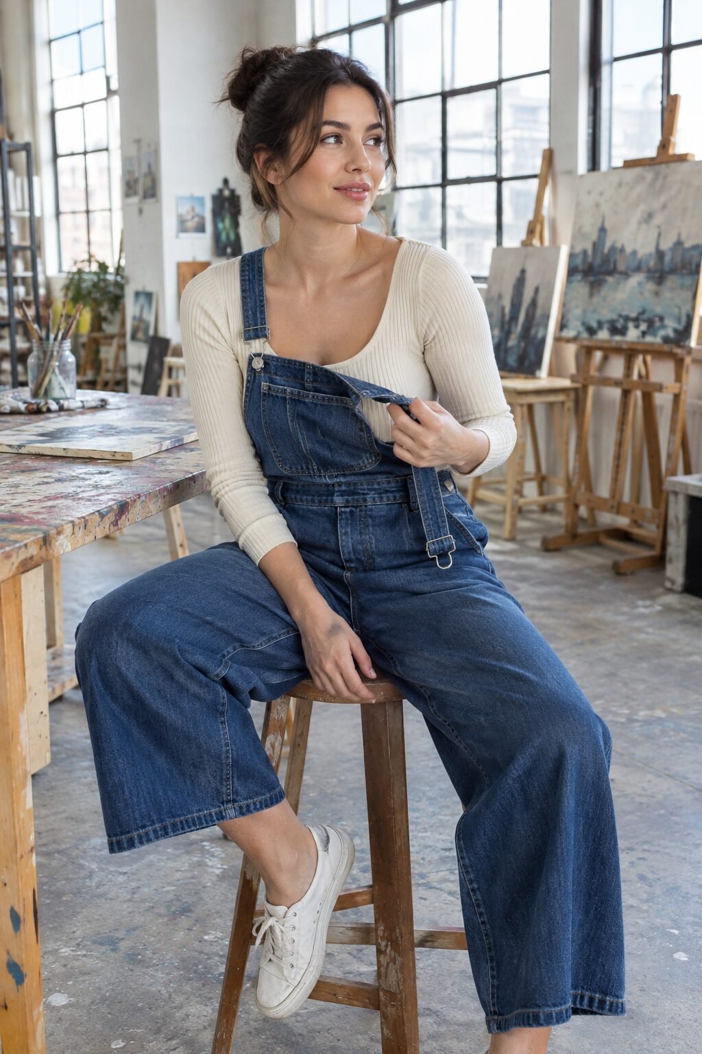 easy fall college outfit: sapphire blue denim overalls over a cream long-sleeve top for a studio class