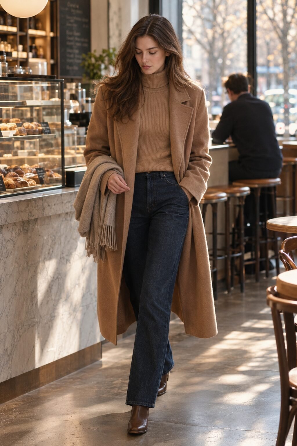 old money winter outfit: monochrome camel coat over ribbed cashmere turtleneck with straight indigo jeans