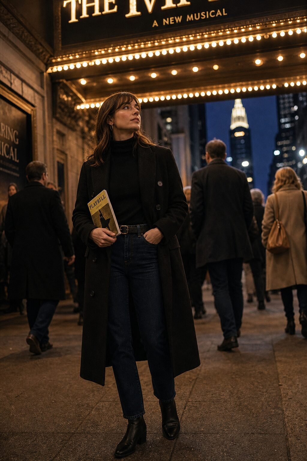 old money winter evening outfit: black turtleneck, dark indigo jeans, and black wool overcoat