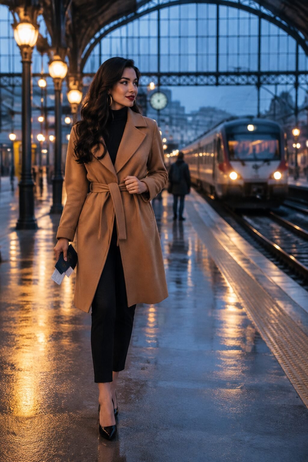 cold-weather travel outfit: camel wrap coat over black turtleneck bodysuit and skinny trouser