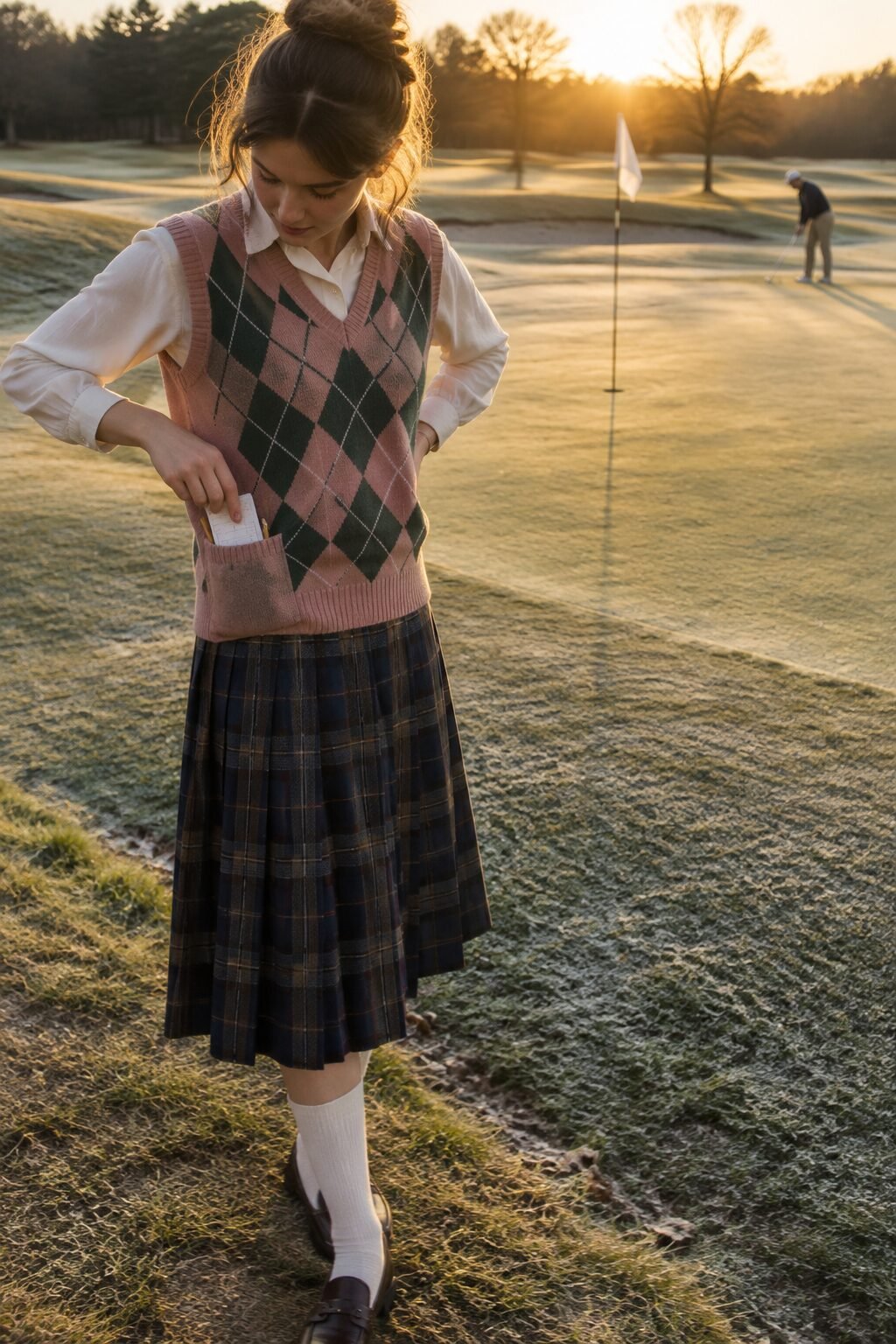 preppy golf-adjacent winter country club outfit: argyle sweater vest over a plaid pleated midi skirt