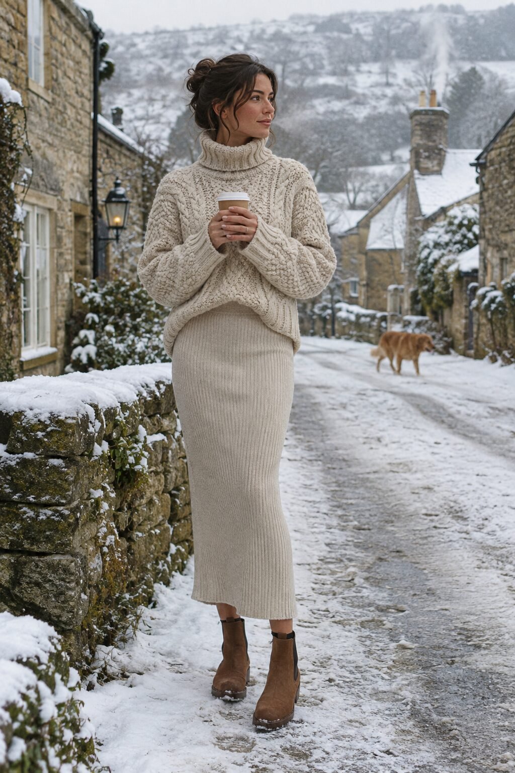 oatmeal and cognac turtleneck outfit for women with a ribbed knit skirt and chelsea boots for winter