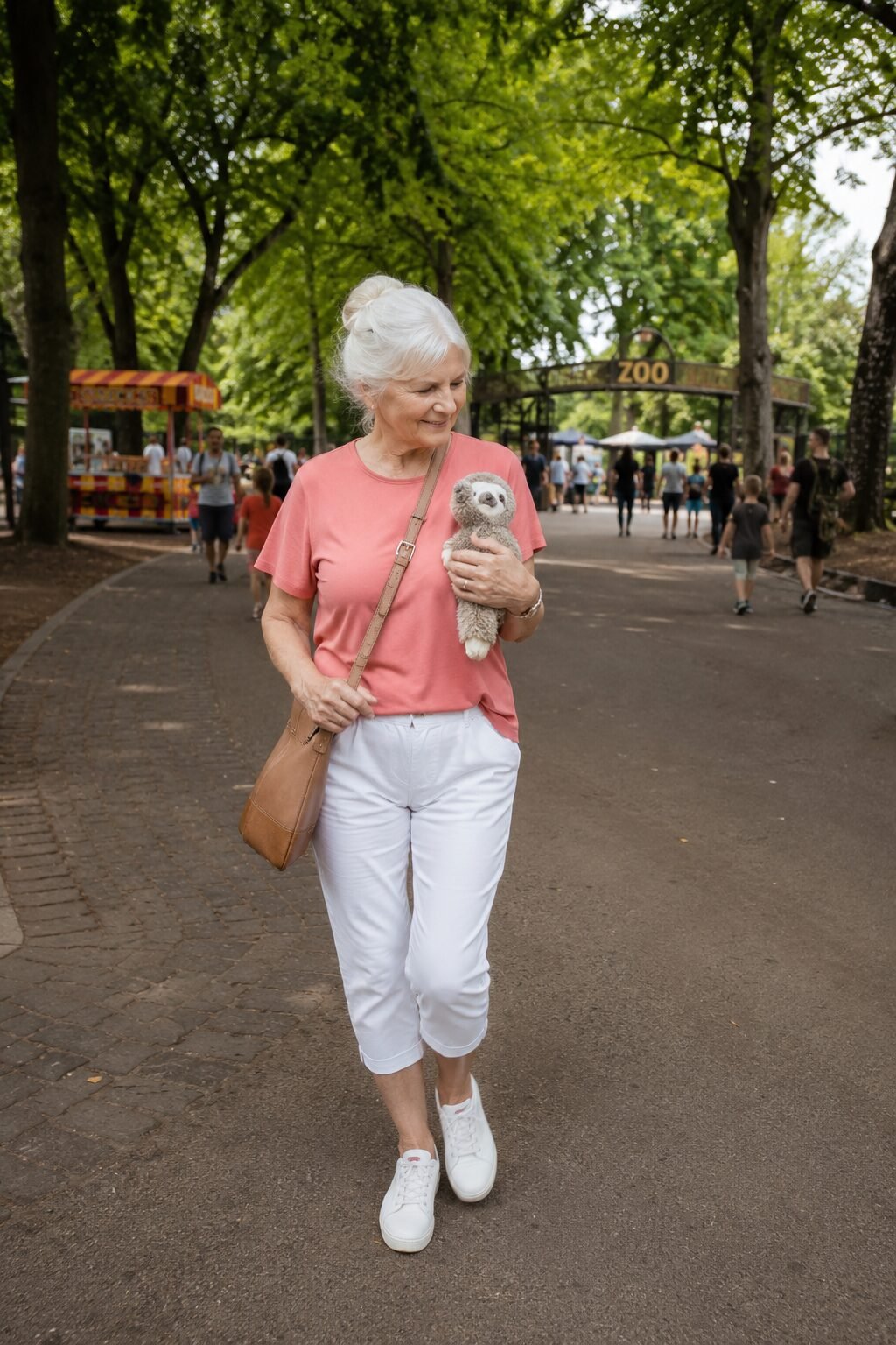 soft coral moisture-wicking tee with white capri pants and crossbody bag, comfortable summer outfit for a day with grandkids, women in their 70s