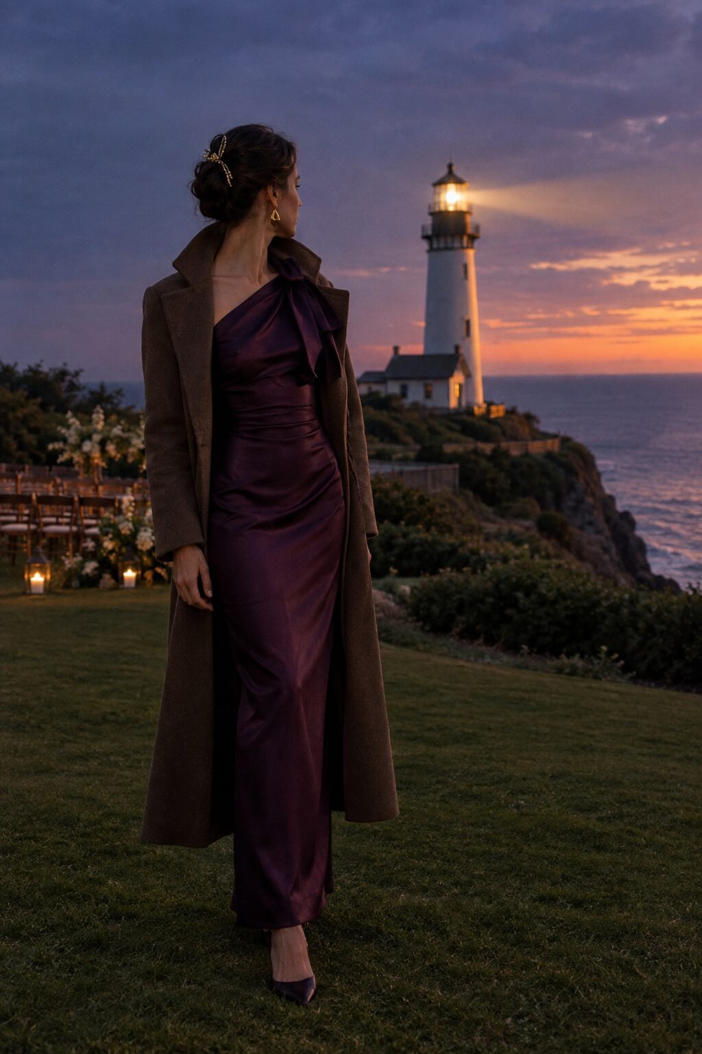 black-tie fall wedding guest outfit: deep plum column gown with brown wool overcoat