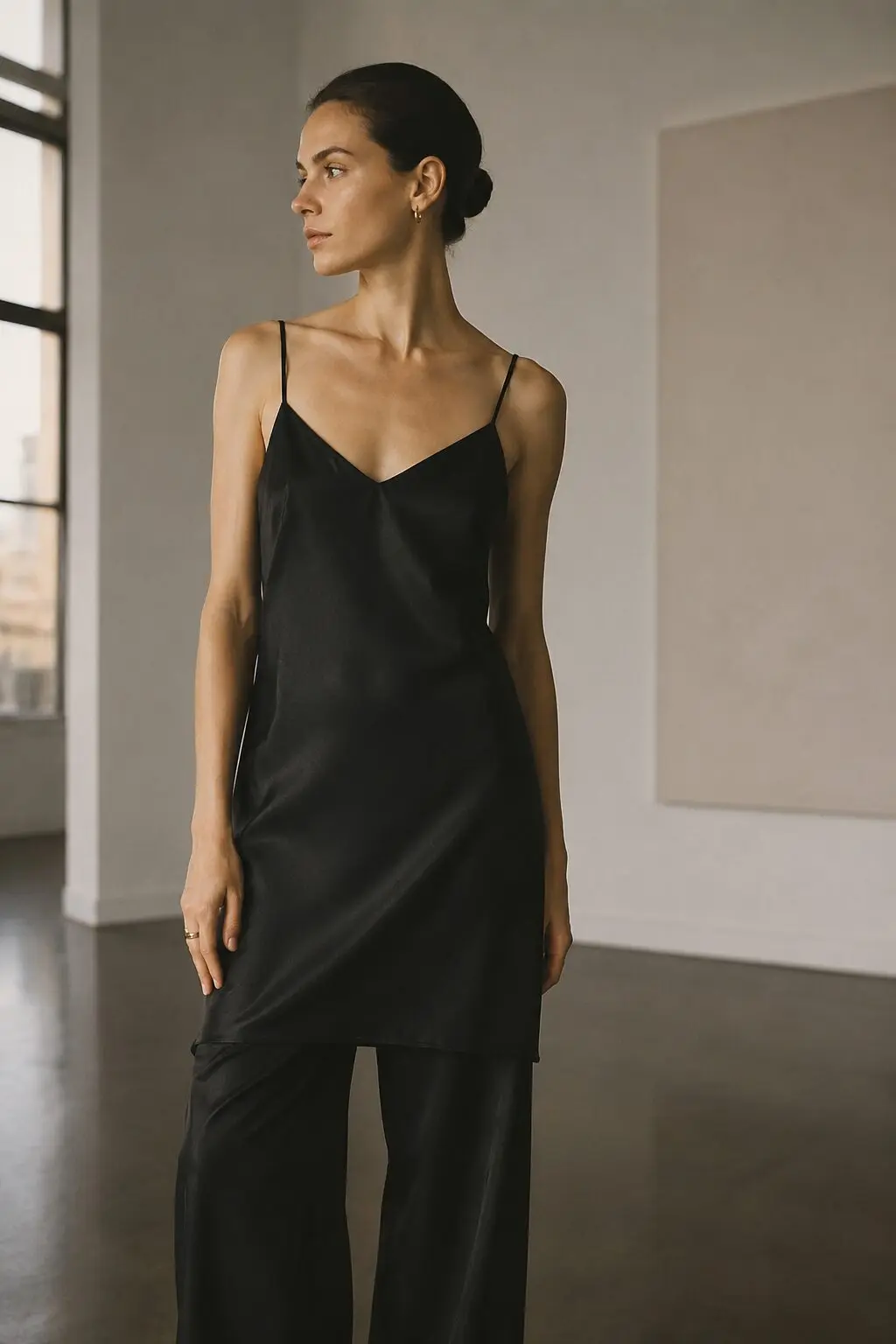 tonal black outfit: slip dress worn as a tunic-length topper over wide-leg trousers for evening