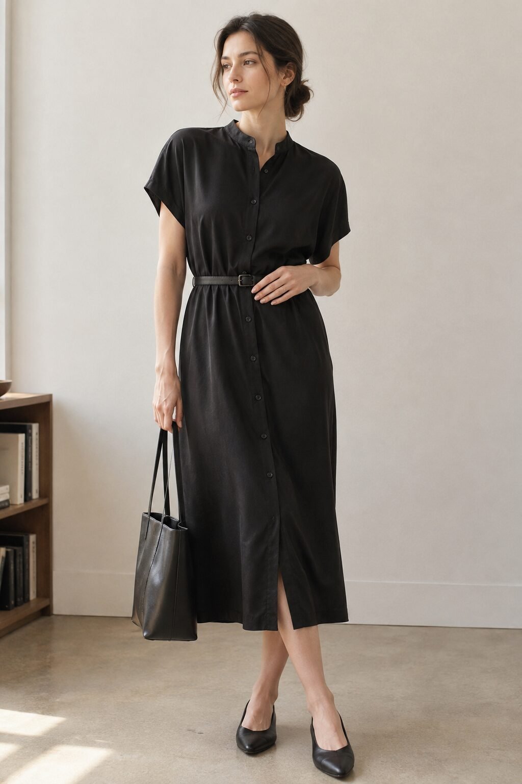 structured black double-breasted shirt-dress outfit belted for the office