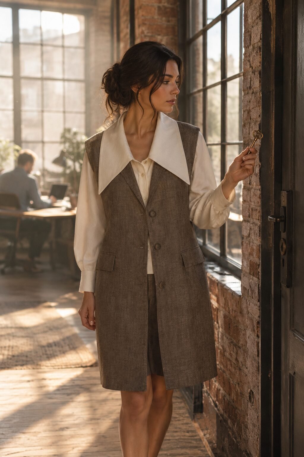 2027 fashion trend outfit: ecru statement-collar blouse layered under a taupe longline linen vest