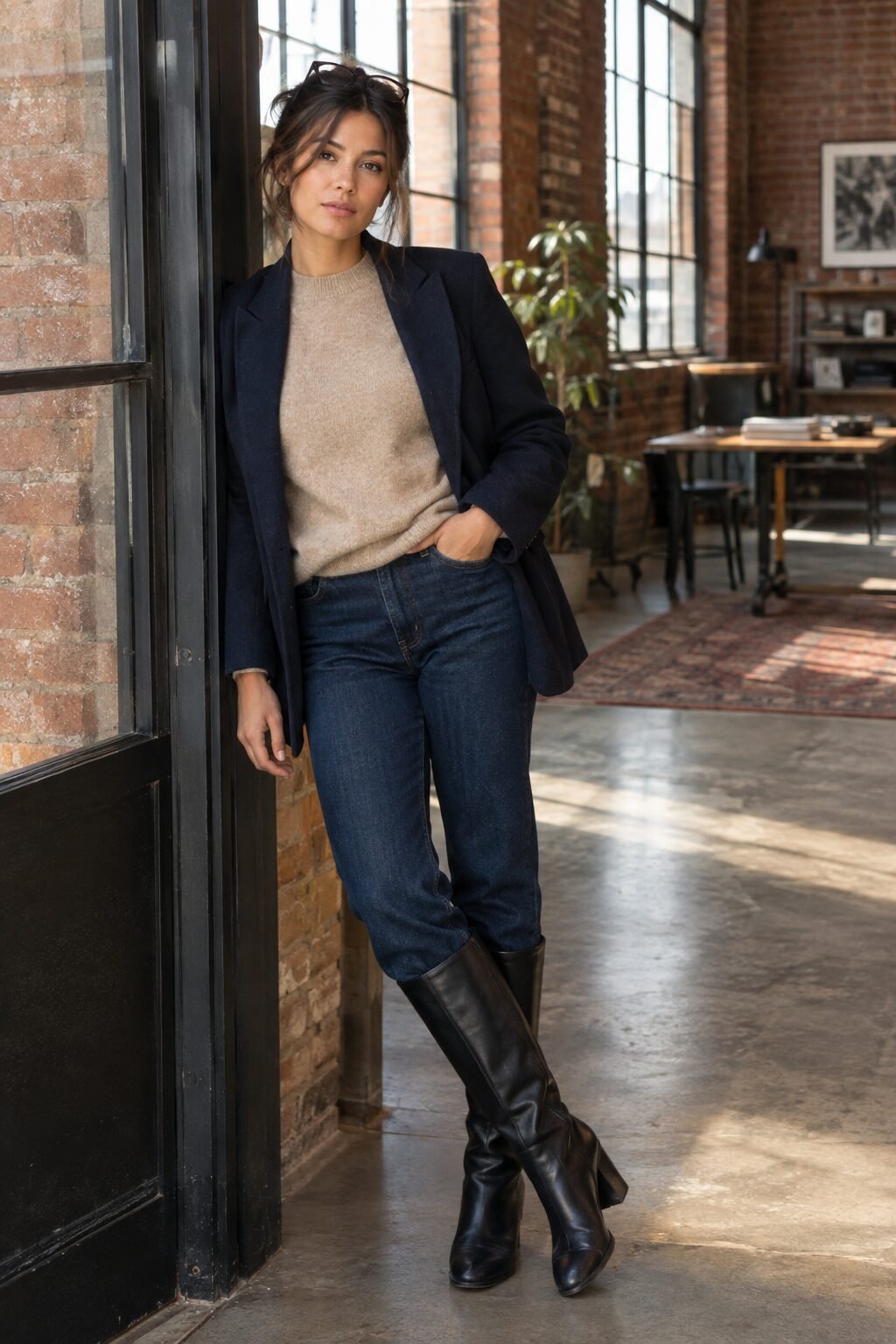quiet luxury capsule wardrobe creative office outfit: navy blazer, cashmere sweater, straight-leg jeans, black knee-high boots