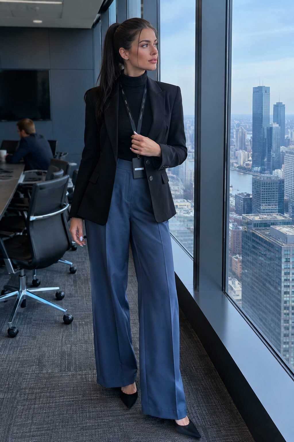 winter office outfit: black sculpted blazer, cashmere turtleneck, and wide-leg trousers for a client pitch