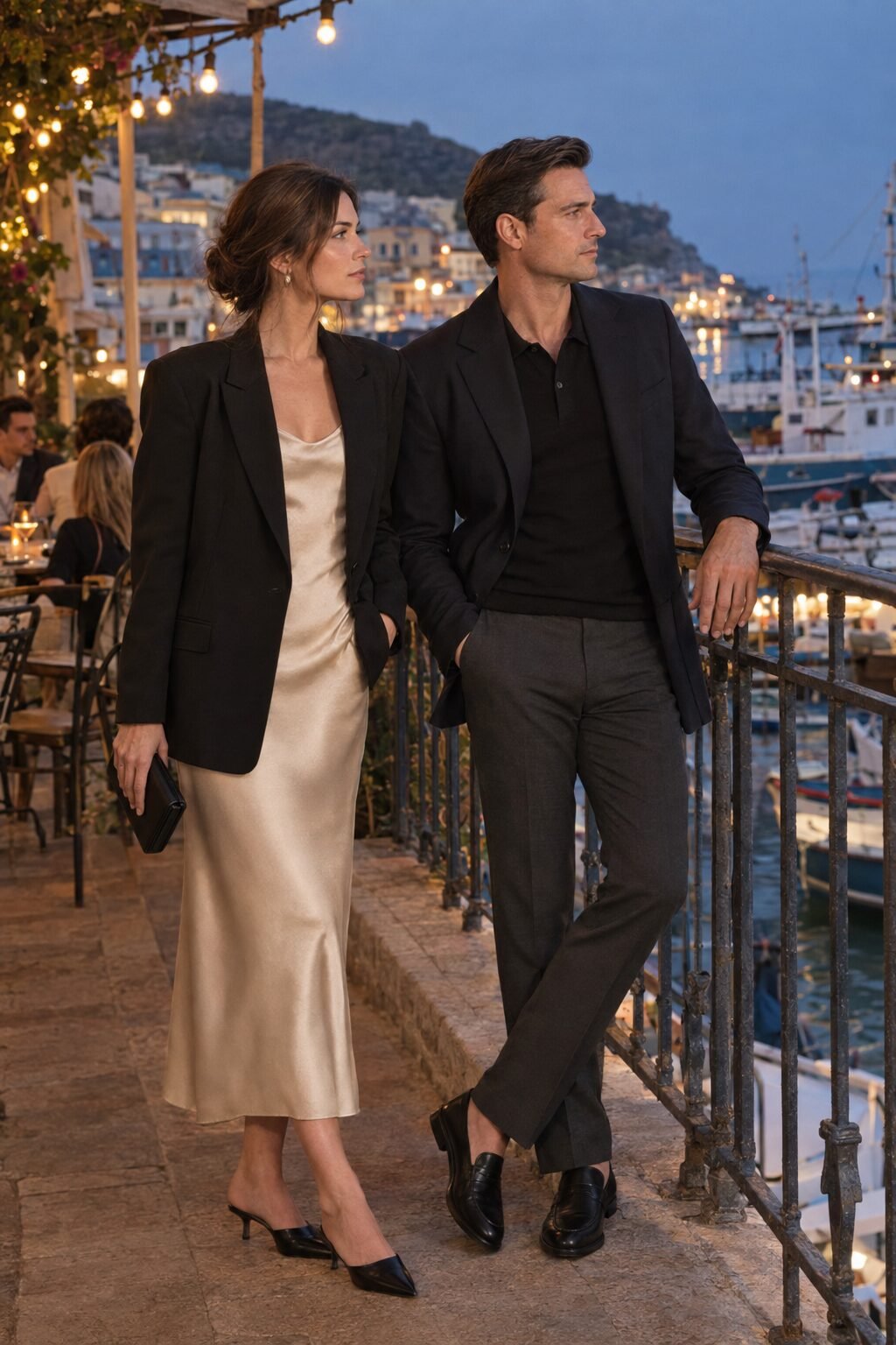 old money anniversary dinner outfit: champagne washable silk slip dress, black structured blazer and black leather kitten-heel mules