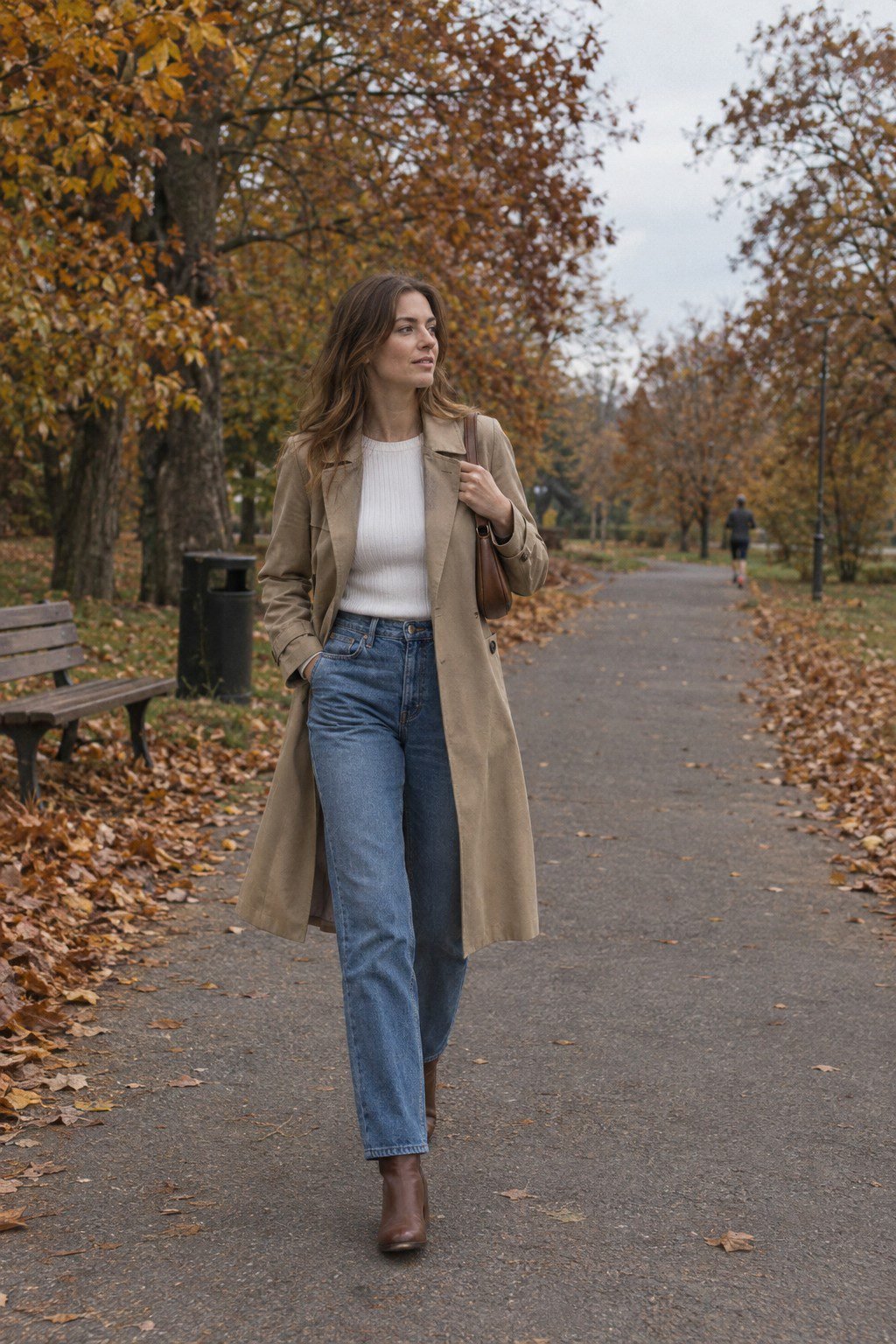 fall layering outfit: light khaki long trench coat over pinch-waist straight jeans