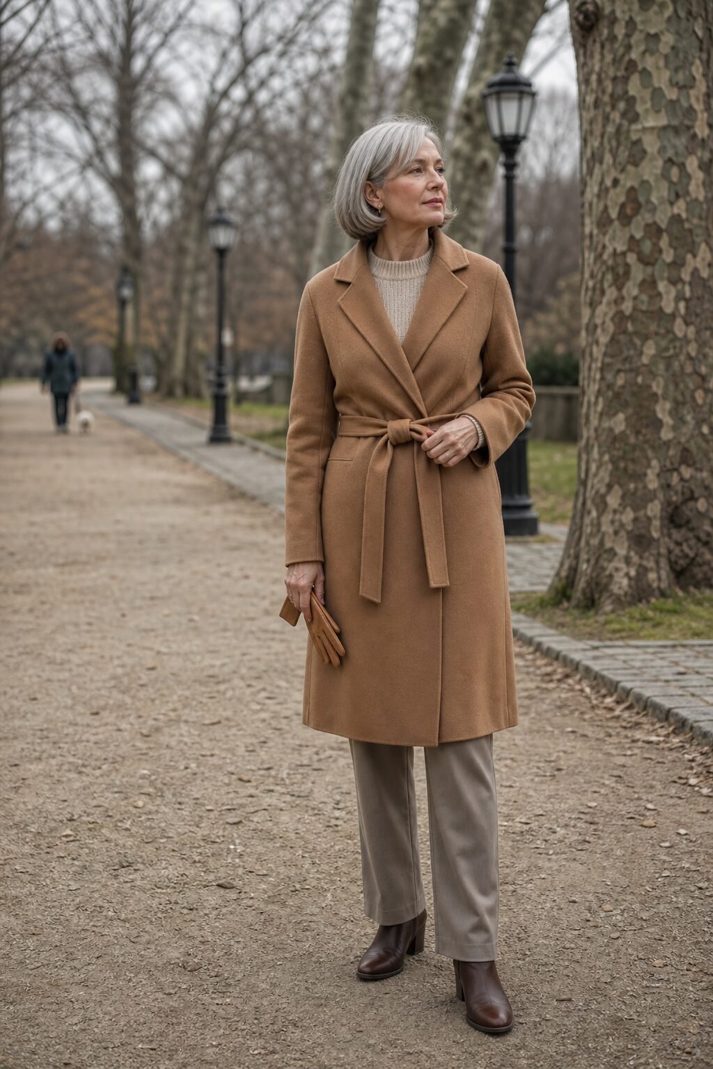 coastal grandmother fall outfit: caramel belted wrap coat, wheat cashmere blend sweater and light taupe straight-leg trousers