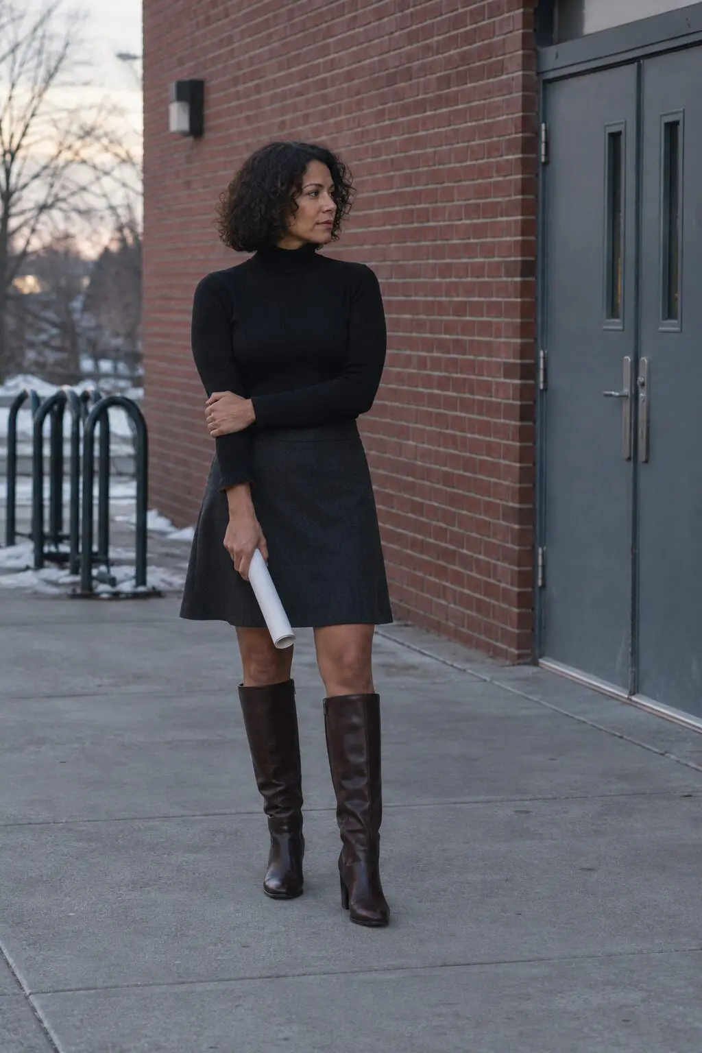 easy mom outfit for a school concert: black rib turtleneck with dark brown knee-high boots