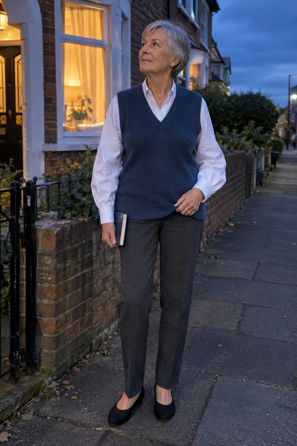 evening prayer church outfit for women in their 70s: storm blue v-neck waistcoat over a white volume sleeve shirt with heather graphite pull-on trousers
