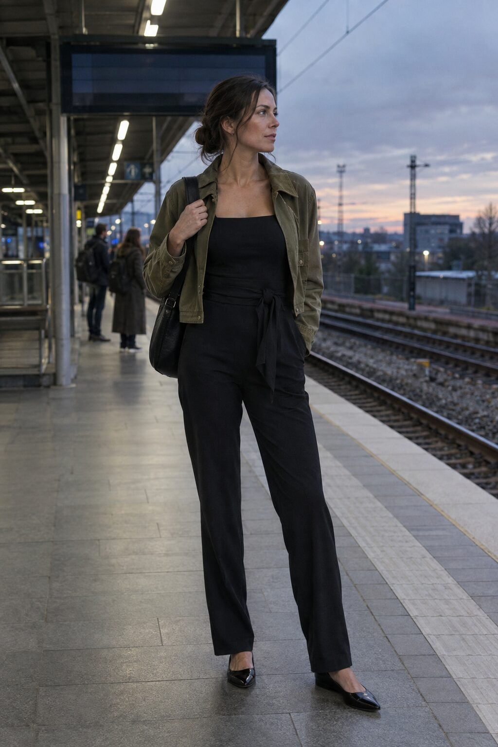 black jumpsuit layered with an olive barn jacket, a one-and-done elevated halloween office outfit under $150