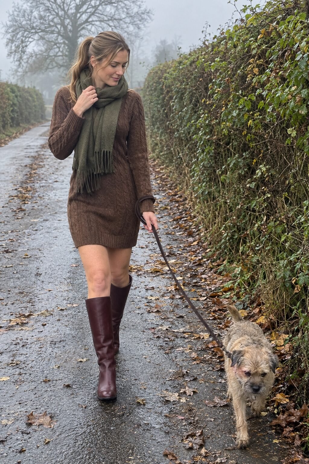 old money countryside fall outfit: brown cable knit sweater dress, olive cashmere scarf, and tall merlot boots on a country lane