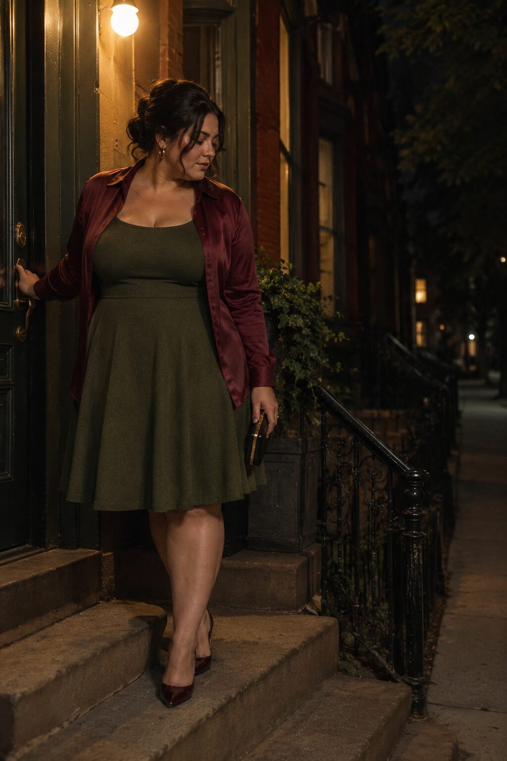 elevated plus size halloween party outfit: olive fit-and-flare dress with a wine-red layered blouse
