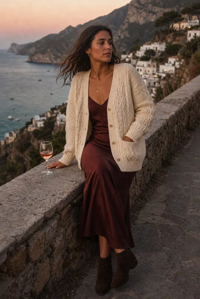 cream cardigan layered over a burgundy silk slip dress with ankle boots, low key date night fall outfit