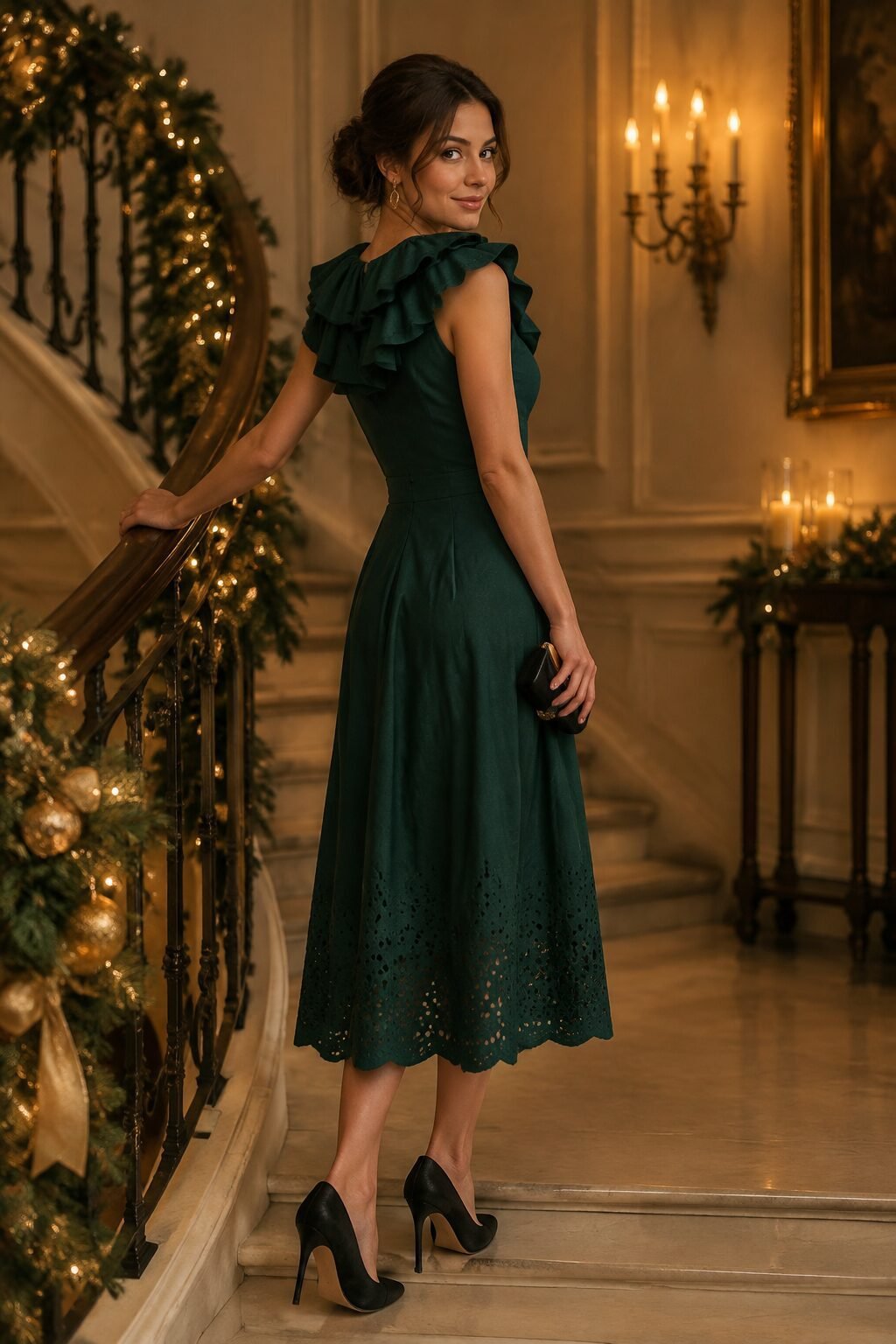 formal Christmas Eve dinner outfit for meeting his family: emerald green ruffle-collar midi dress with black pointed pumps
