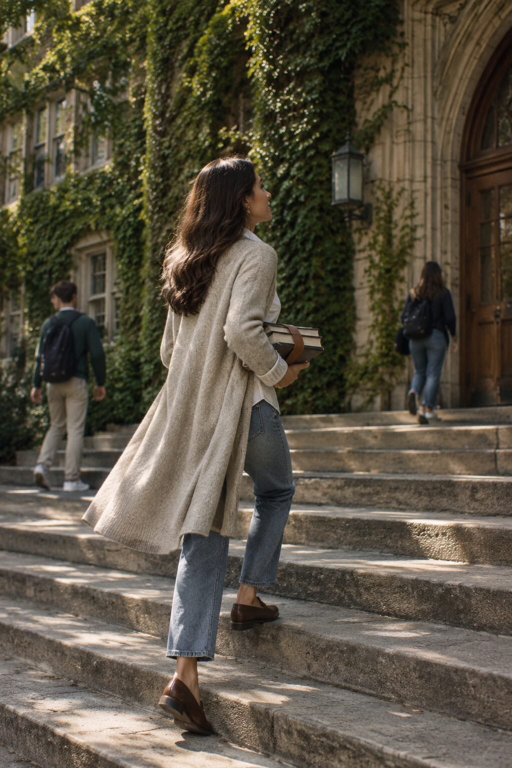 preppy spirit week outfit: oatmeal duster cardigan and white poplin shirt for movie character day