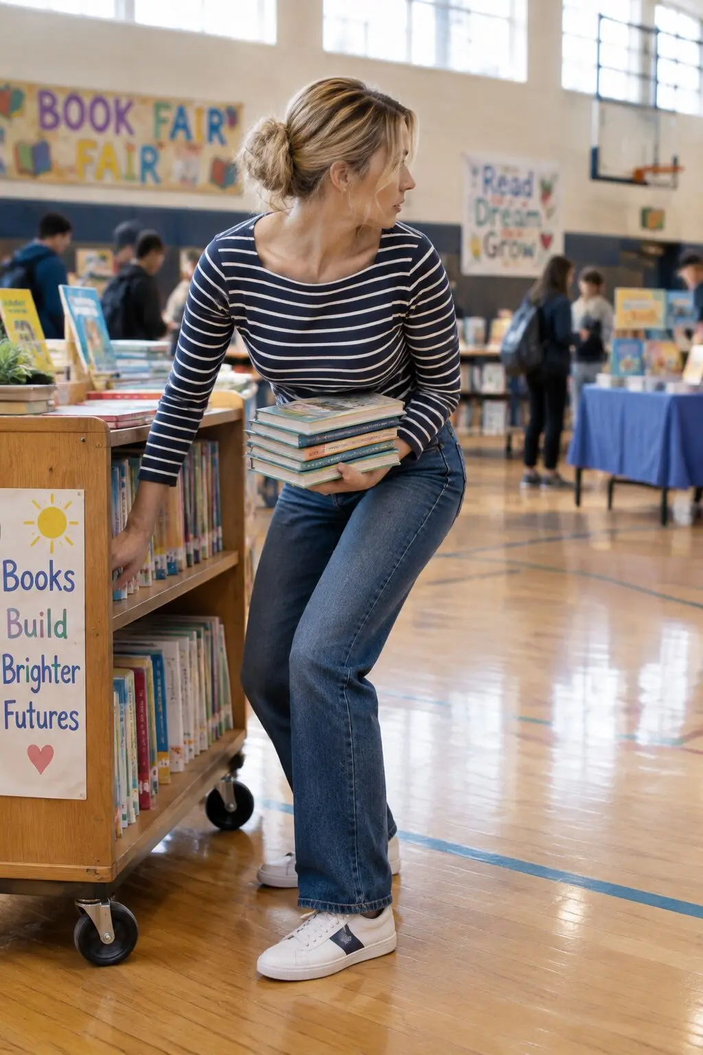 book fair teacher outfit: navy striped long-sleeve tee, straight-leg denim, and white leather sneakers