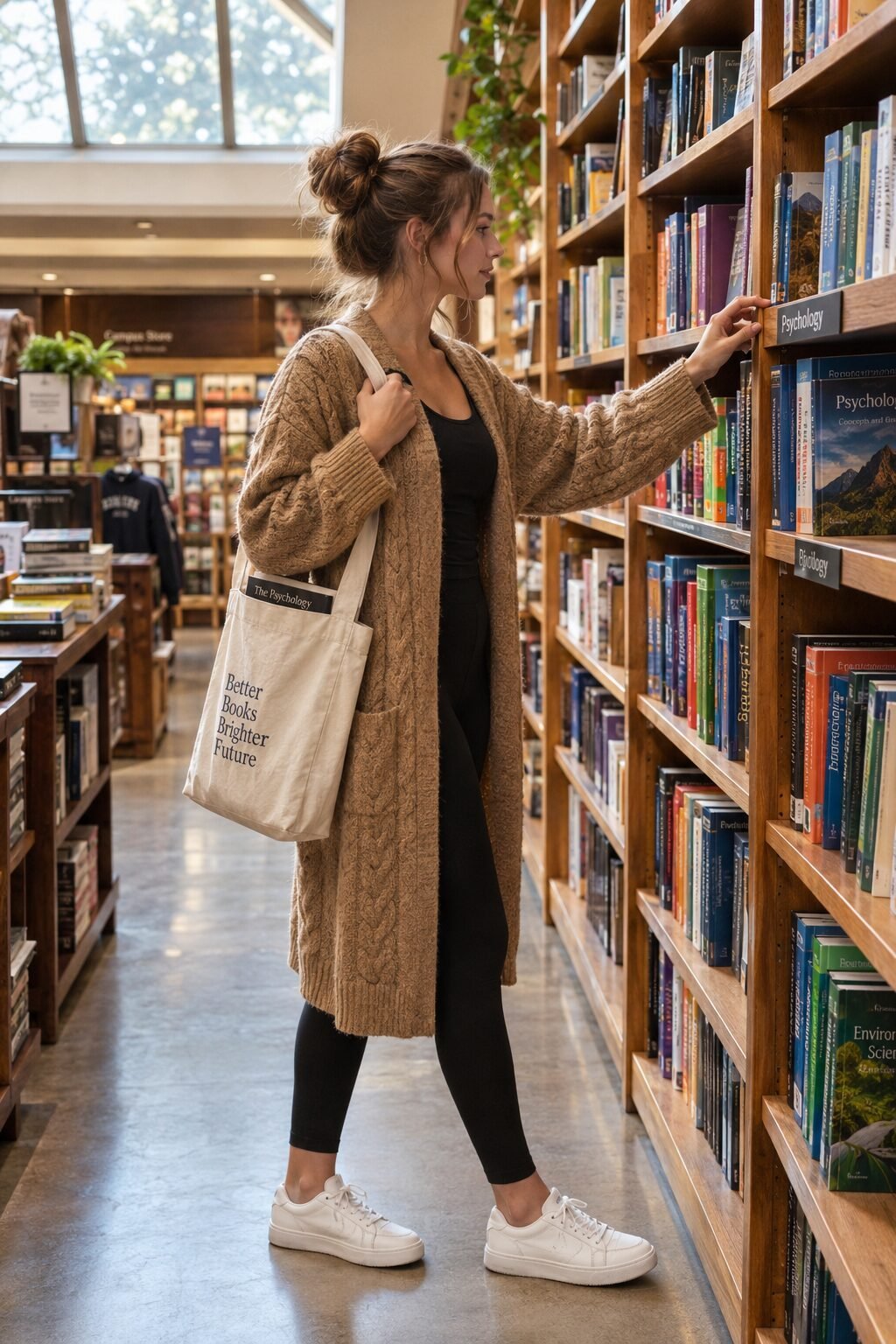 comfortable college outfit: camel oversized cable cardigan with white leather sneakers