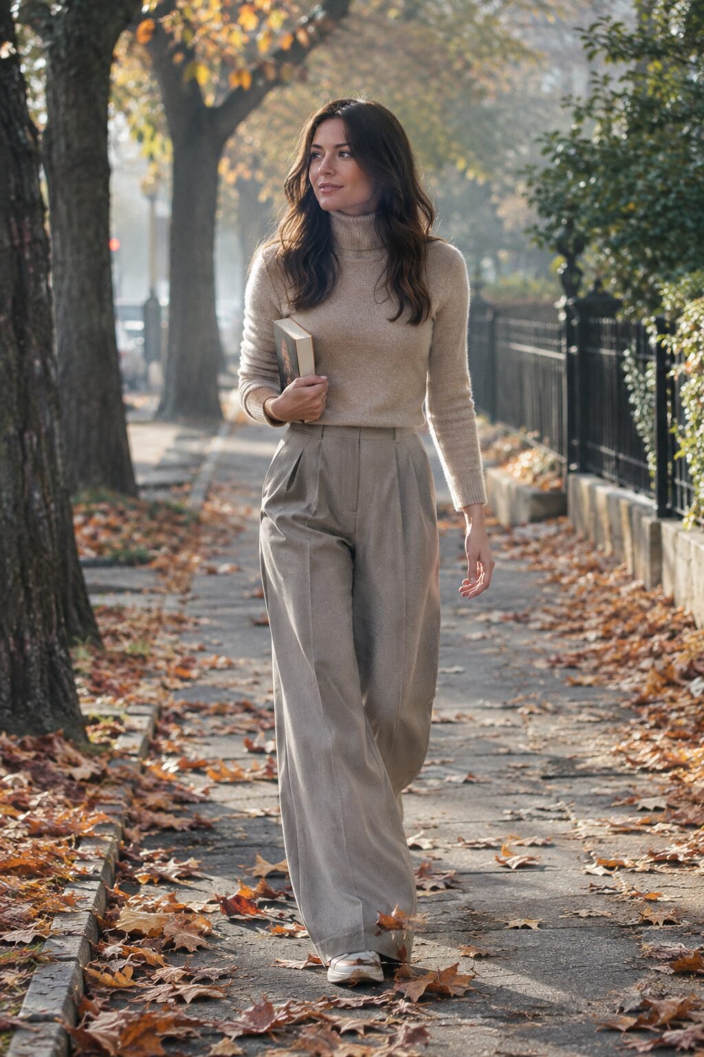 taupe wide-leg pants and beige cashmere turtleneck, a first cool-morning school outfit