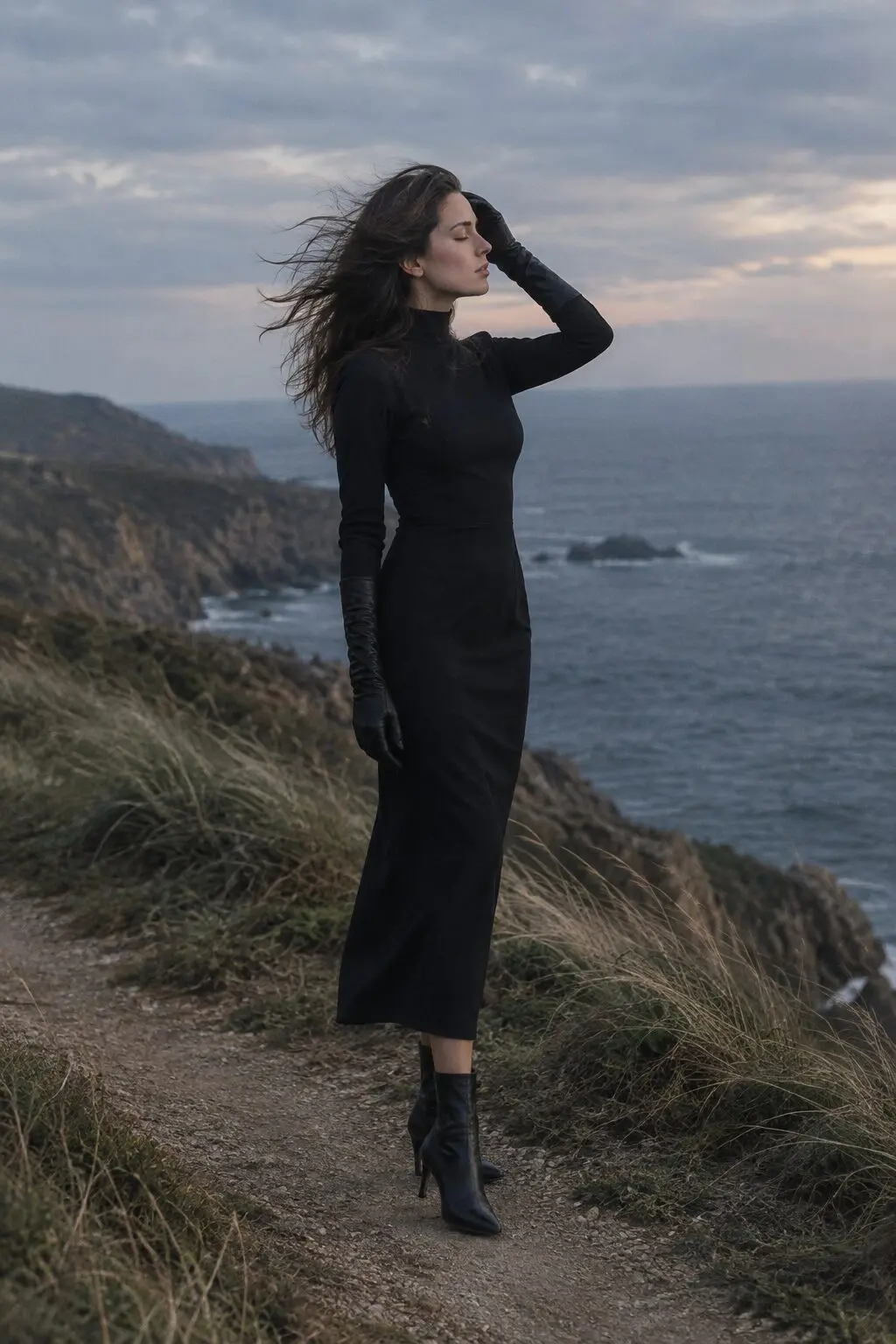 Victorian widow Halloween outfit: black high neck stretch silk midi dress with black cashmere lined leather gloves