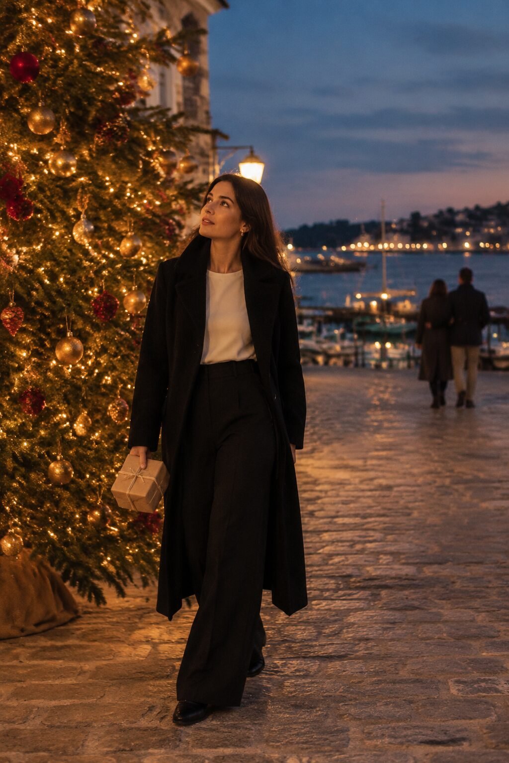 holiday dinner classy winter outfit: ivory silk blouse, black wide-leg trousers, long wool coat