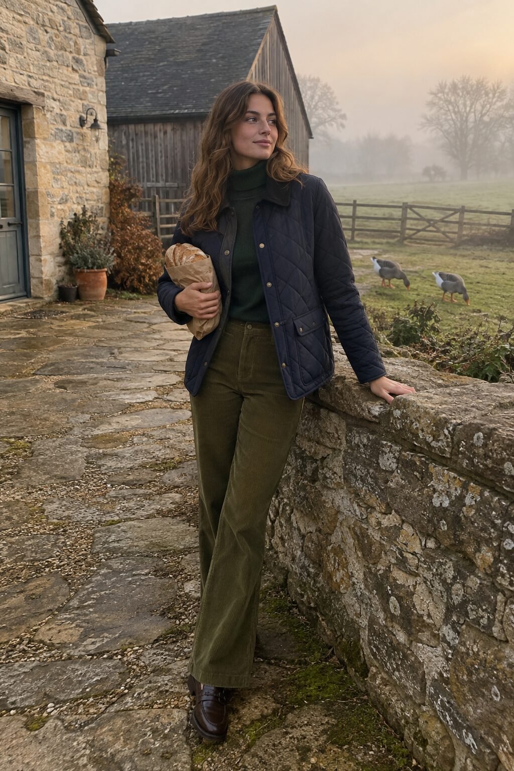 european winter outfit: navy quilted field jacket over dark green cashmere turtleneck with olive corduroy trousers