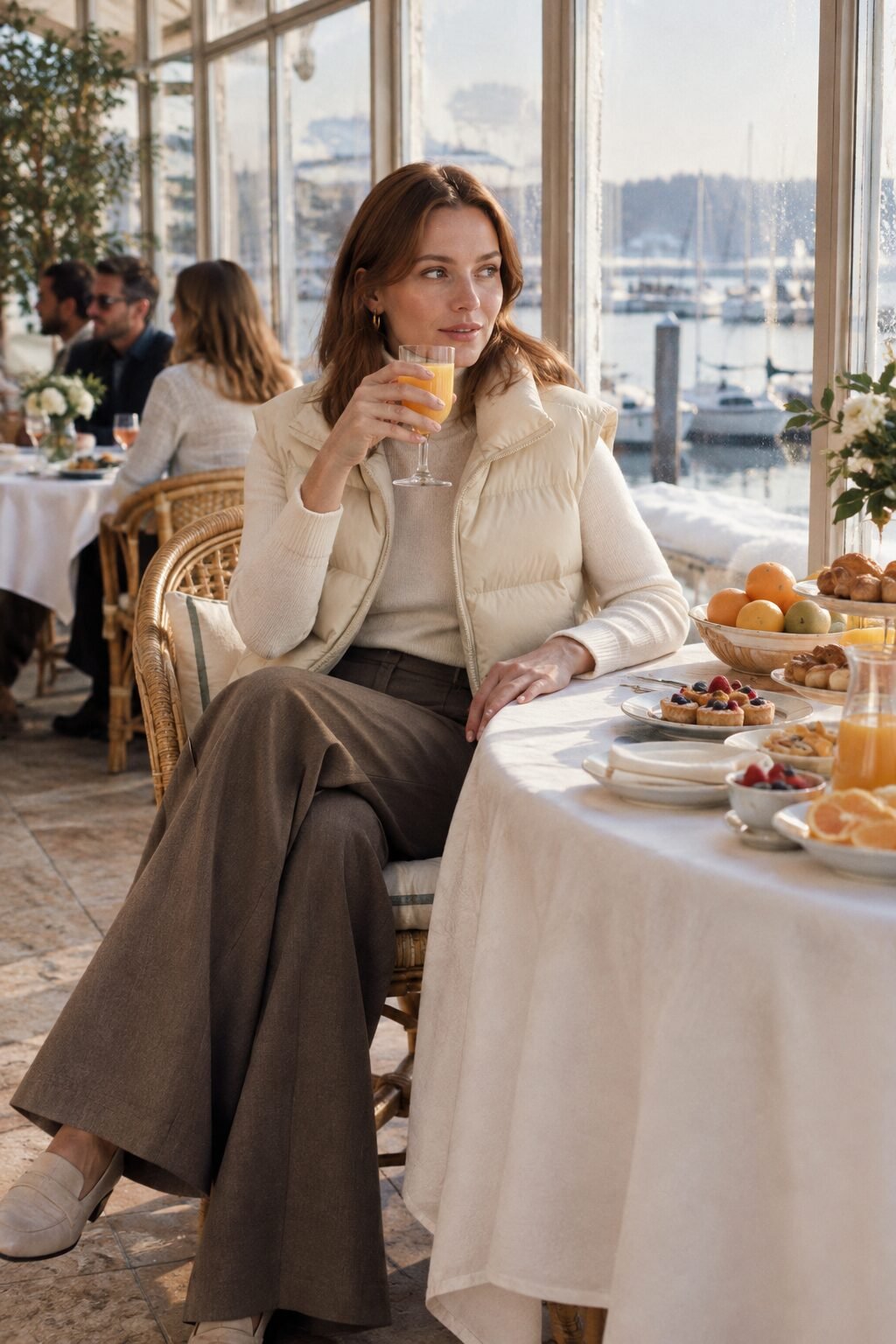 New Year's Day brunch winter country club outfit: ivory down vest with deep taupe wide-leg trousers