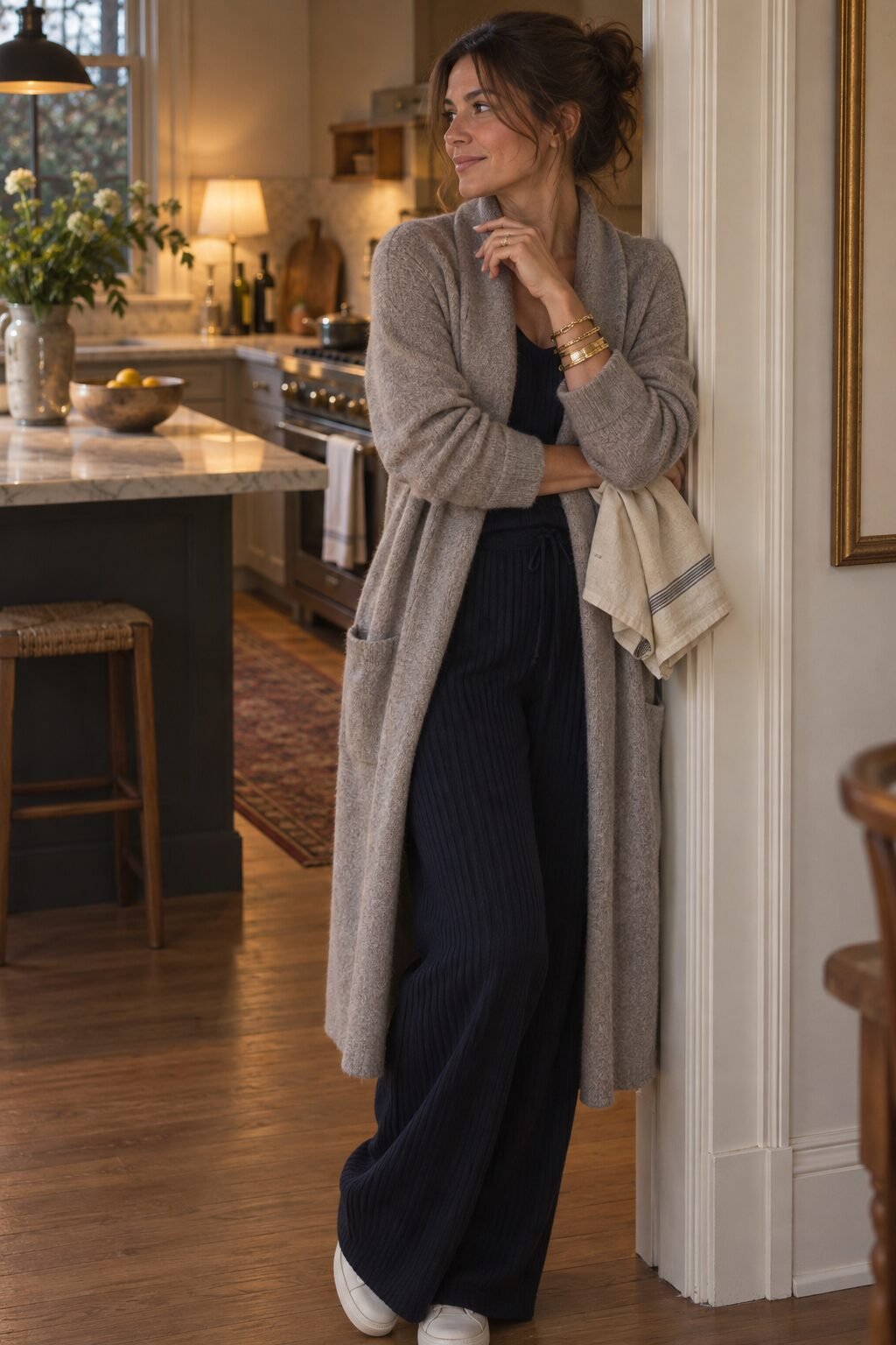 old money at-home outfit with a grey cashmere duster cardigan, wide-leg trousers, and a stacked gold bracelet