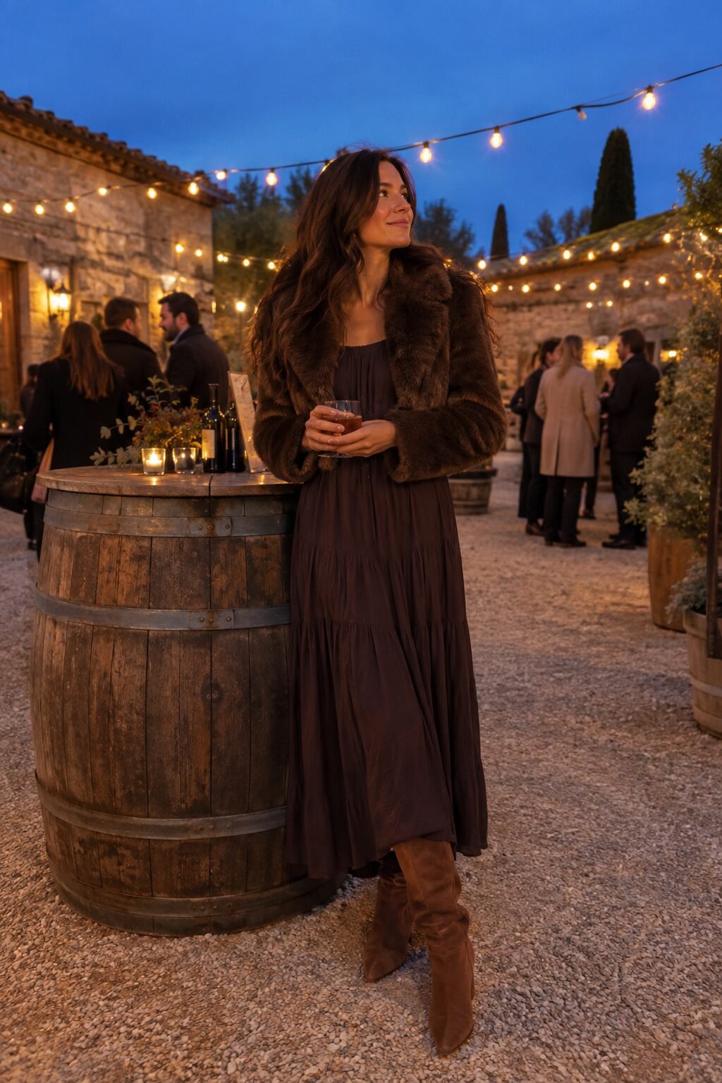 cocktail-hour fall wedding guest outfit: chocolate brown maxi dress with cropped faux fur jacket and tall suede boots