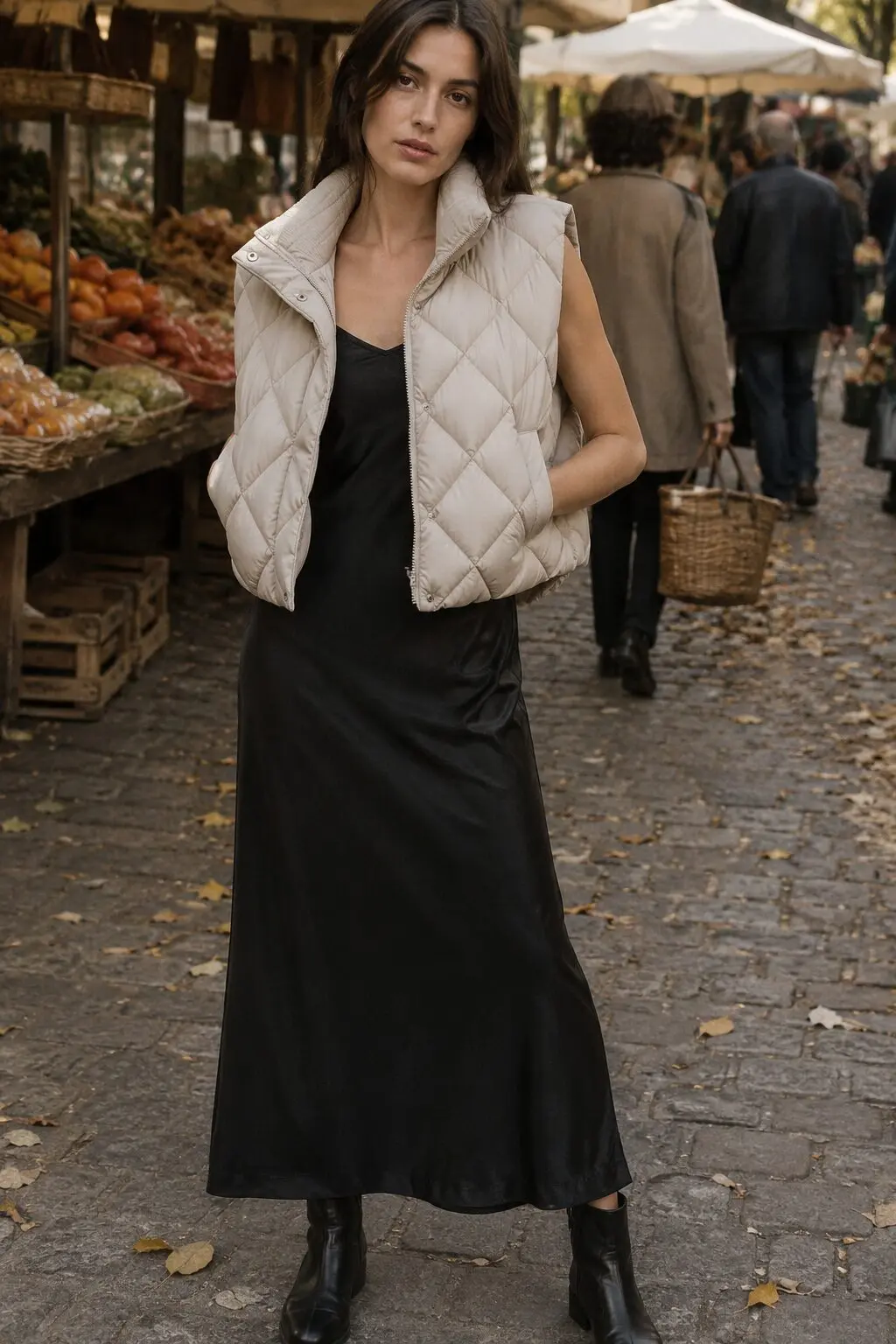 black slip dress grounded with a cropped stone quilted puffer vest for a fall weekend market outfit