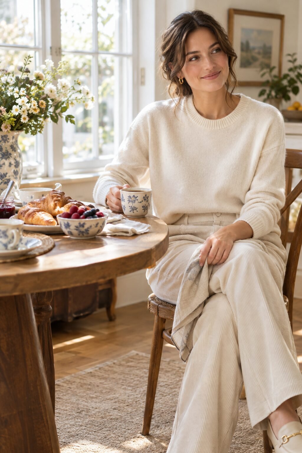 playful daytime family brunch outfit: ivory cashmere crewneck sweater with cream corduroy wide-leg trousers