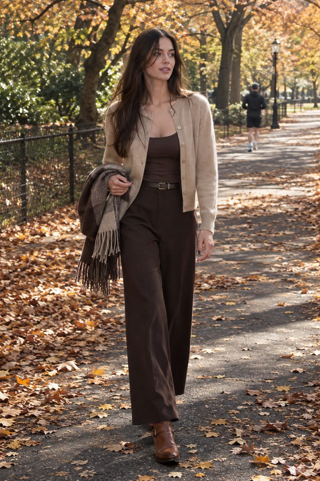 classic 2027 fashion trend: wheat cashmere cardigan with espresso wide-leg trouser and cognac buckle boots