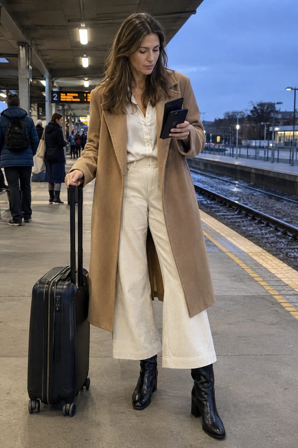 old money capsule wardrobe travel evening outfit: camel wool coat, silk blouse, cream wide-leg trousers, black knee-high boots