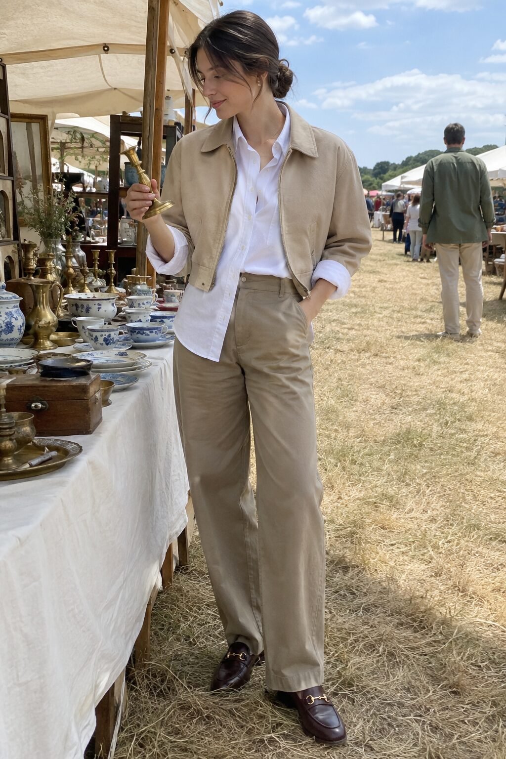 old money outfit for an antique fair road trip: bright white poplin shirt, beige zip-up cropped jacket and oxblood-brown leather loafers