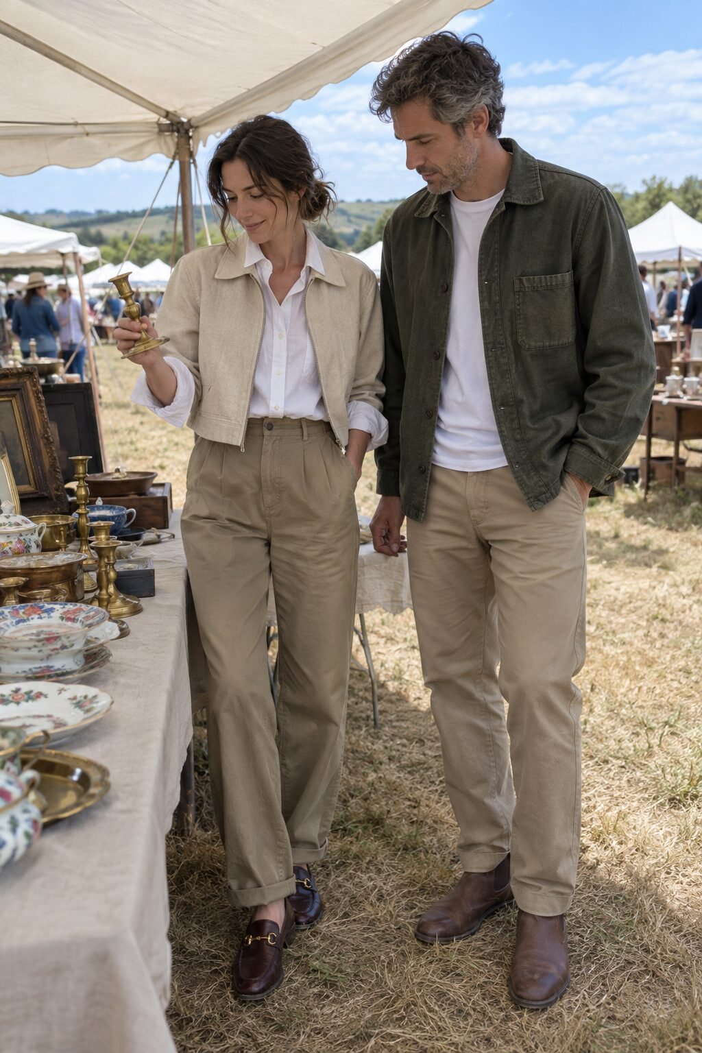 old money couple outfit for an antique fair road trip: bright white poplin shirt, beige zip-up cropped jacket and oxblood-brown leather loafers