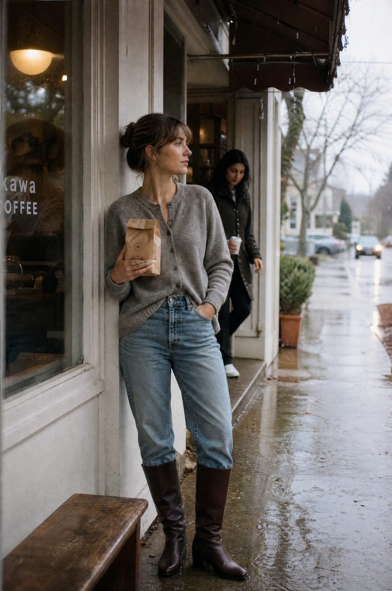 rainy day dark academia outfit: heather grey alpaca cable cardigan, vintage wash jeans, and espresso brown tall leather boots