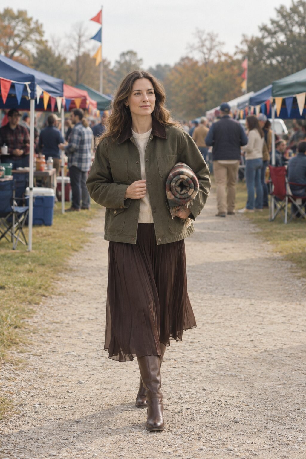old money tailgate outfit: olive twill barn jacket, pleated dark brown midi skirt, and tall cacao brown boots