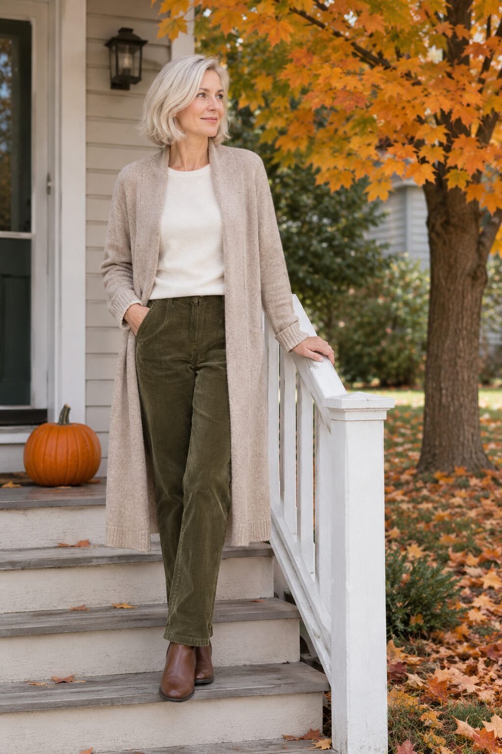 woman in an oatmeal cashmere duster cardigan and moss-green corduroy pants for a pumpkin carving night and neighborhood bonfire