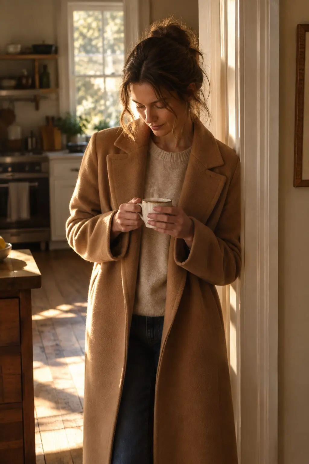 a woman in a camel wool coat and cashmere sweater holding a coffee cup in a sunlit kitchen doorway