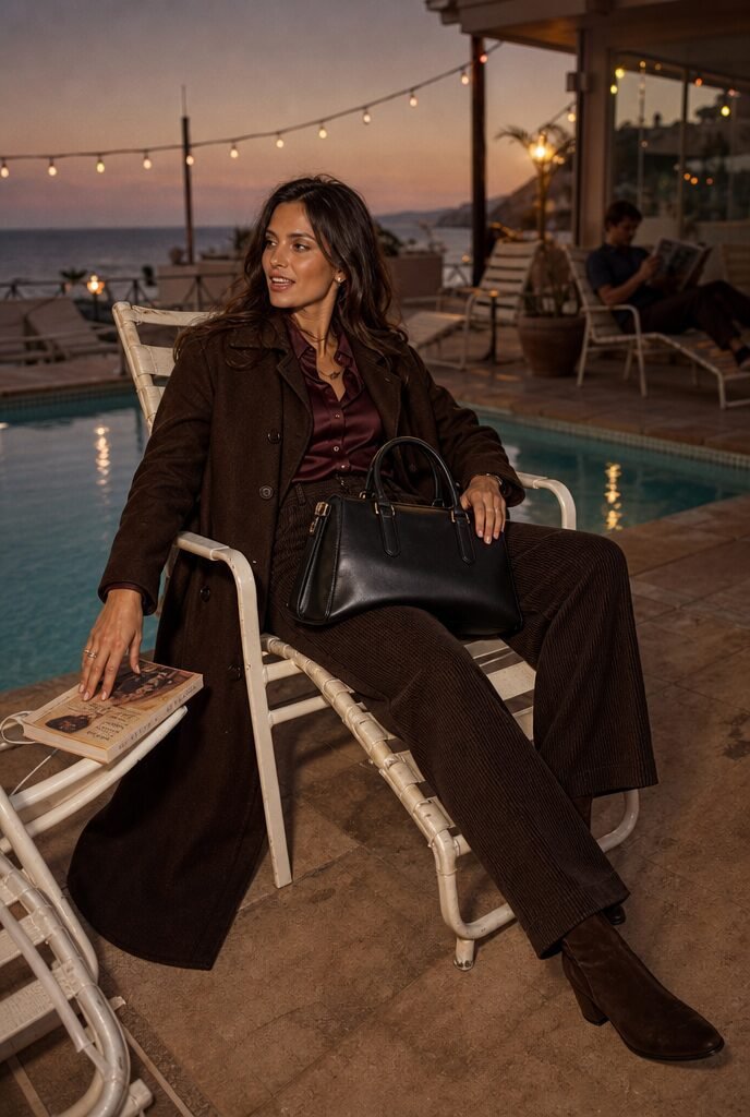 chocolate brown trench coat, burgundy blouse, chocolate corduroy trousers, ankle boots, and a black tote, complete fall capsule wardrobe outfit