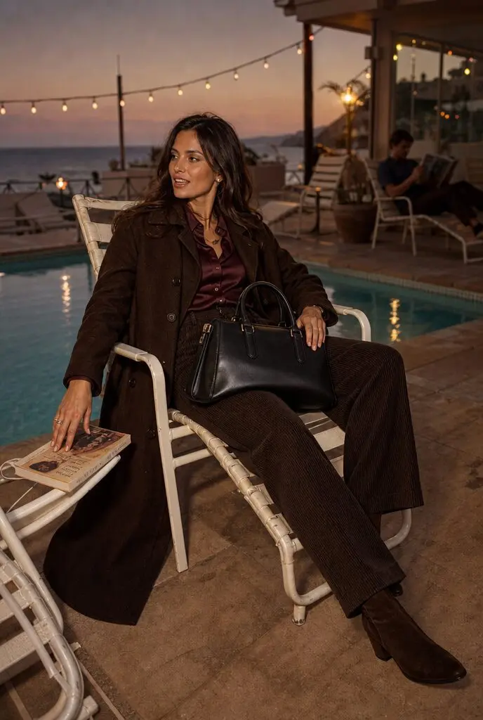 chocolate brown trench coat, burgundy blouse, chocolate corduroy trousers, ankle boots, and a black tote, complete fall capsule wardrobe outfit