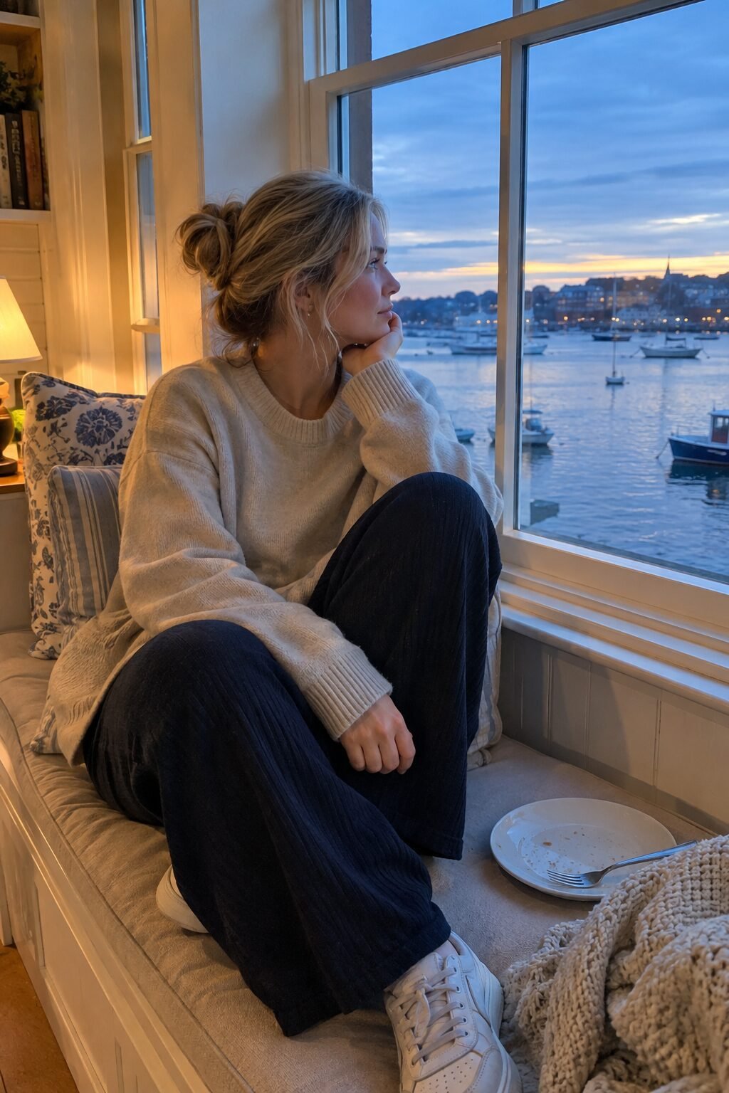 after dinner thanksgiving outfit: oversized cream sweater and wide-leg leggings