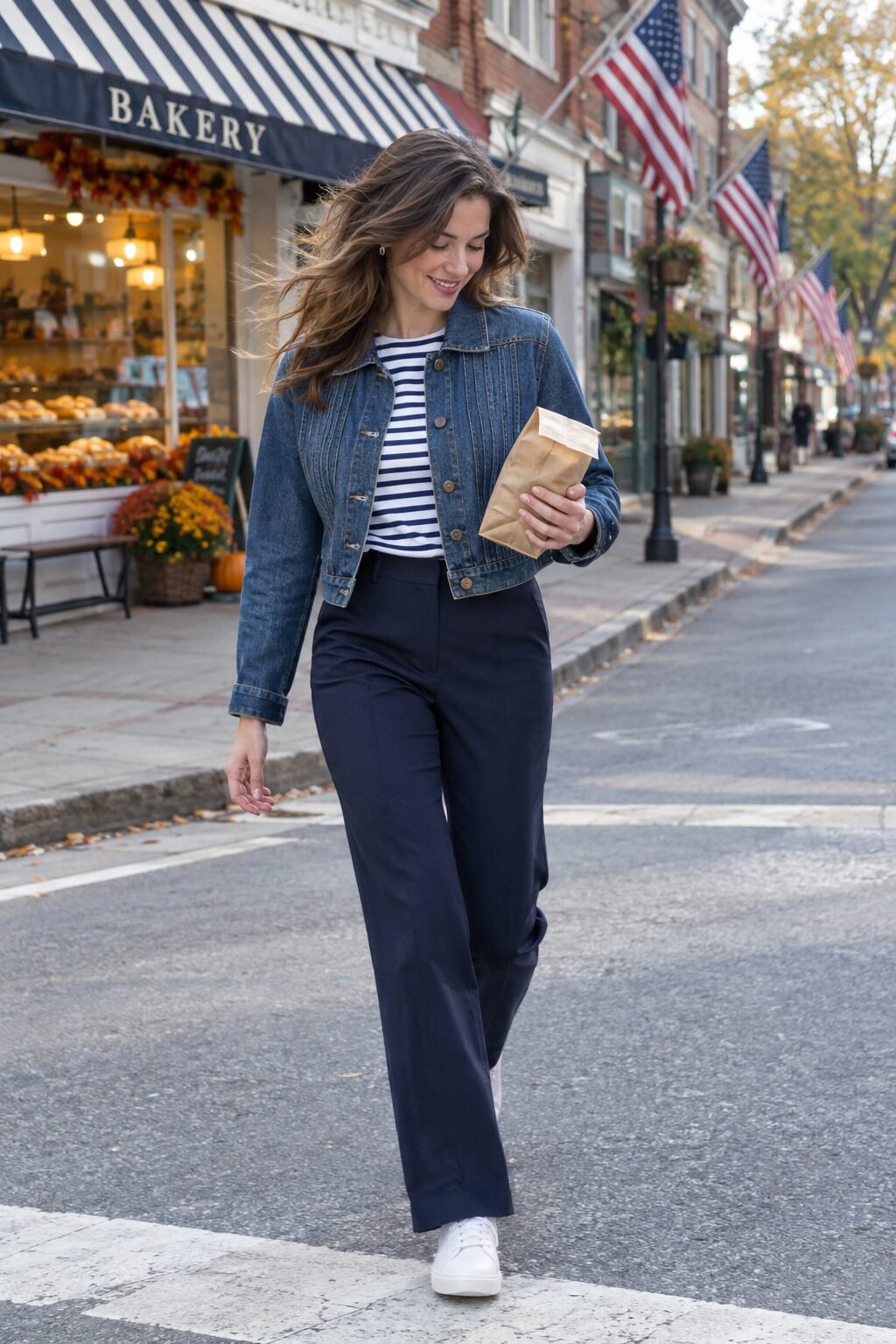 preppy spirit week outfit: striped button-down, navy trouser, and denim jacket for usa patriotic day