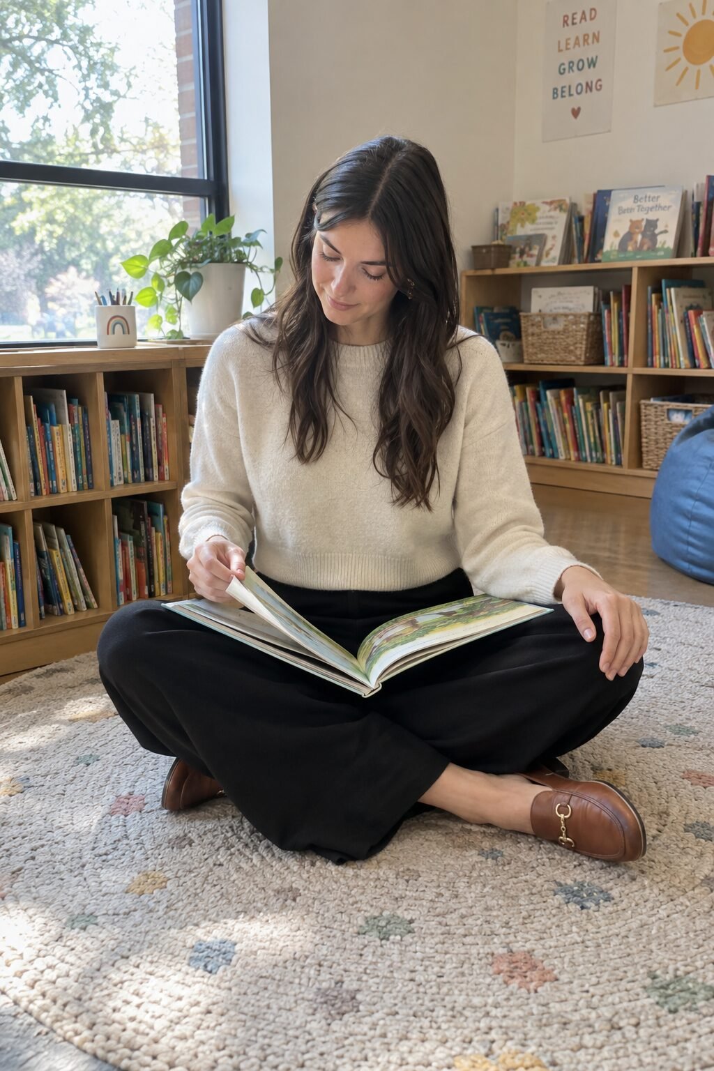 story time teacher outfit: cream cashmere crewneck sweater, black ponte wide-leg pants, and brown loafers