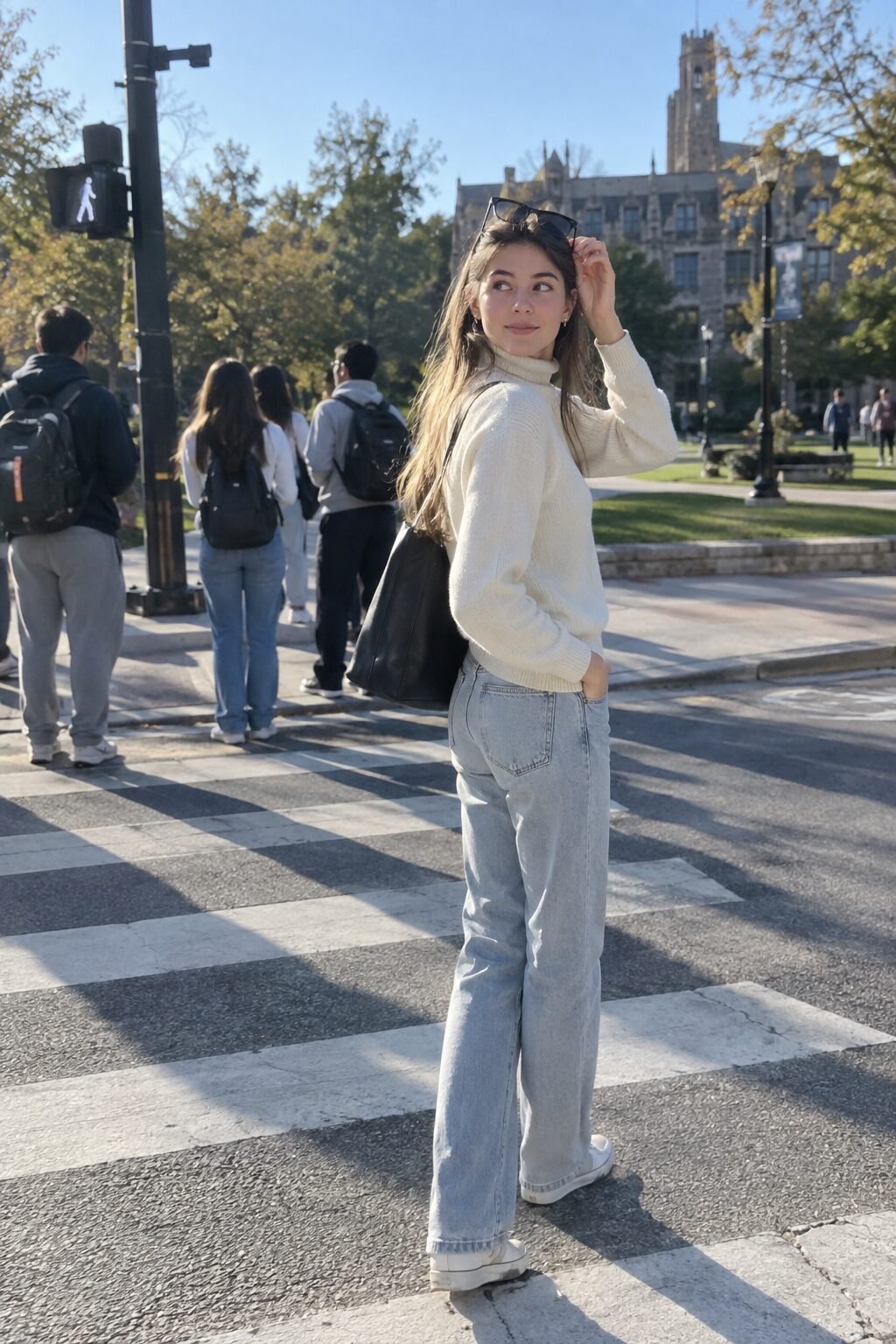 crisp fall college outfit: off-white cashmere turtleneck with light wash straight-leg jeans